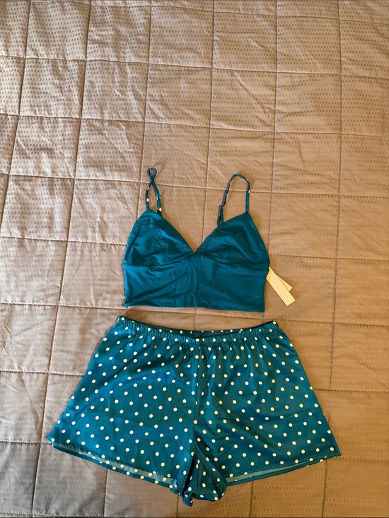 Victoria's Secret Other - Victoria's Secret Teal Polka Dot Satin Bralette & Shorts Set